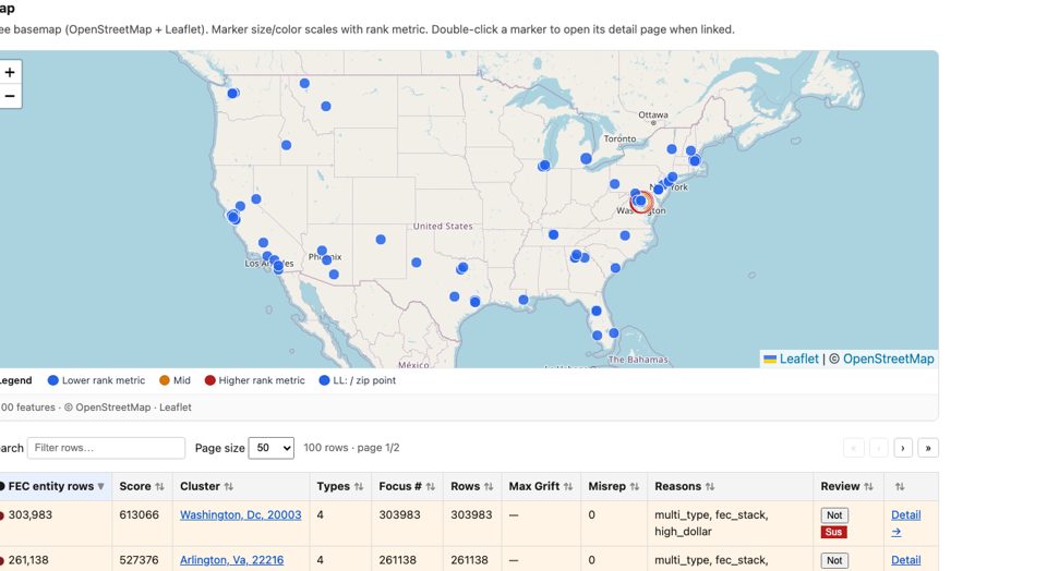 National FEC address clusters on a US map — dense markers on the coasts and DC